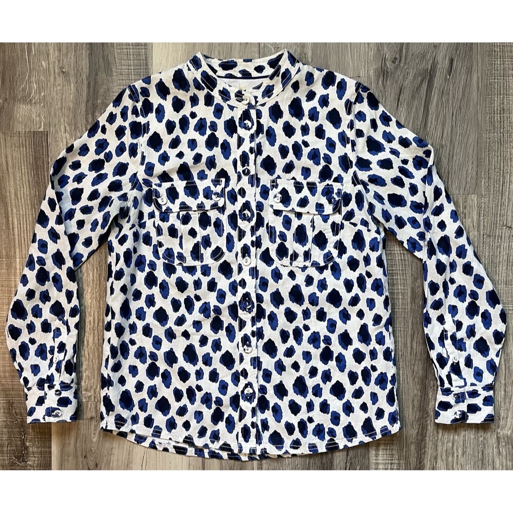 Boden Dolores 100% Linen Button Up Shirt Size US 6R Blue/Black Leopard Print